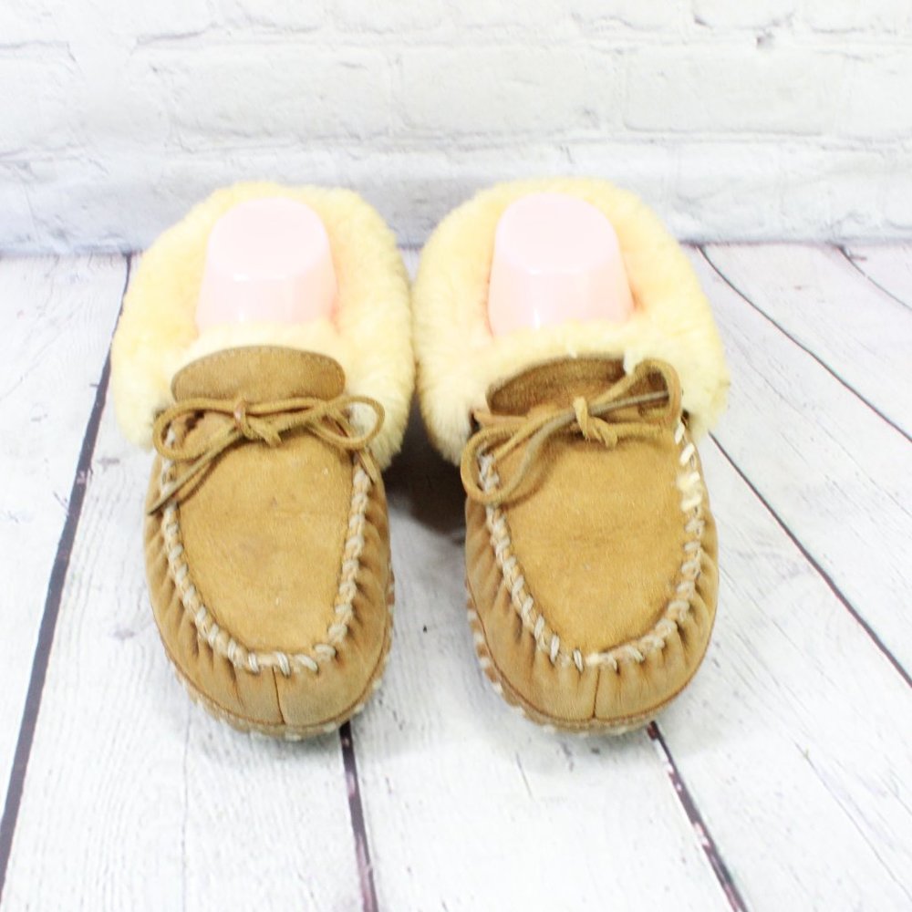 LL BEAN Brown Shearling Lined Wicked Good Moccasin Slippers Size 6 M - Picture 5 of 9